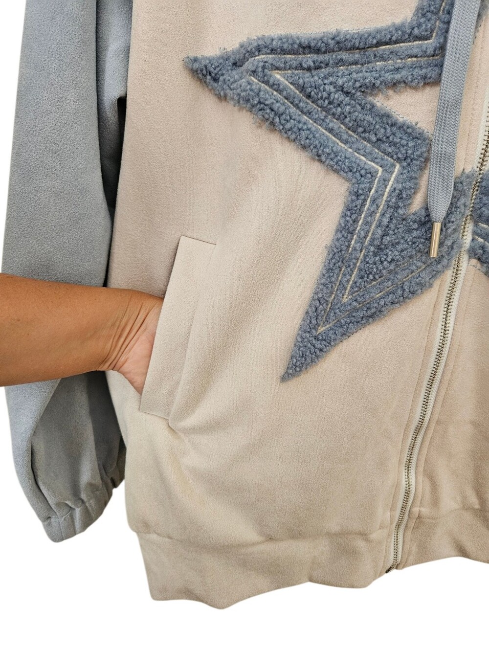 Aelfric Eden Star Patch Suede Colorblock Full Zip Hoodie Jacket Blue Cream M — image 6 of 8
